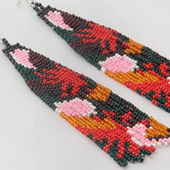 Long 5.5" Black Pink Multicolor Abstract Floral Earrings Beaded Flower Oversized - Picture 5 of 5